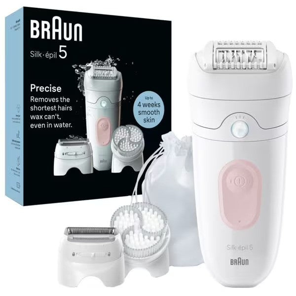 Epilator BRAUN Silk-epil 7 SE5-060, 28 pensete, 2 viteze, 4 accesorii, SmartLight, MicroGrip, Wet&Dry, acumulator, alb-roz flamingo