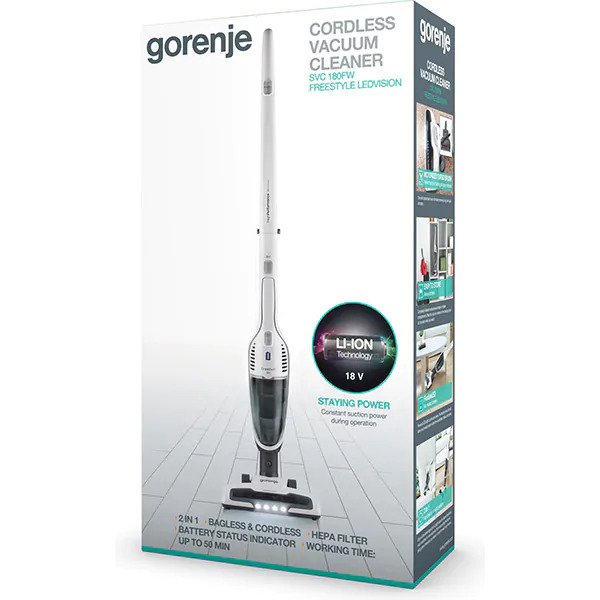 Aspirator vertical, Gorenje, SVC180FW, 18V, Recipient pentru praf, 0.6 litri, Alb