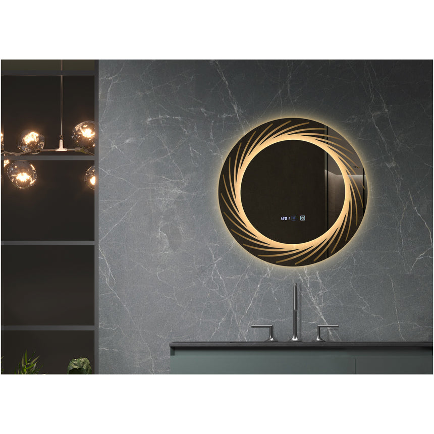 Oglinda baie Belform Atlantis, cu iluminare LED 3 culori, intrerupator Touch, ceas, functie dezaburire, 60x60 cm, clasa energetica F