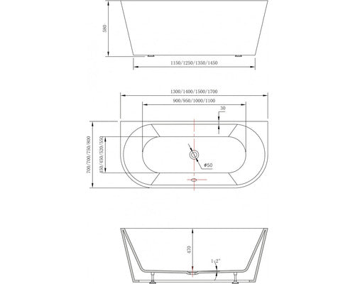 Cada de baie dreptunghiulara freestanding Linea Eco 80x170x58 cm acril alb
