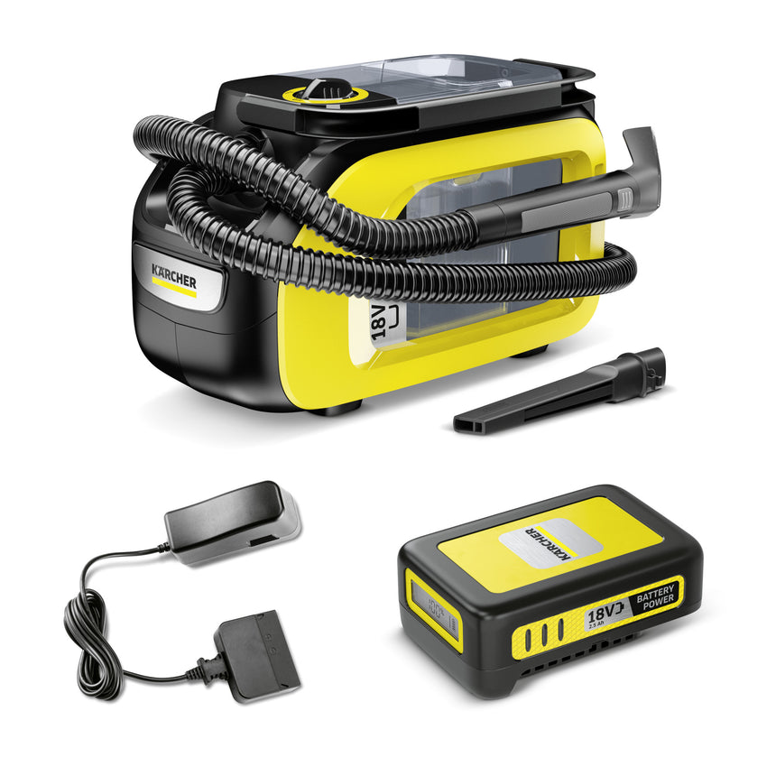Aspirator cu spalare prin injectie-extractie Karcher SE 3-18 Compact Battery Set, acumulator 18 V, rezervor apa curata/murdara 1,7/2,9, duza injectie-extractie de mana, duza injectie-extractie spatii inguste, detergent 100 ml, 1.081-502.0, Galben/Negru