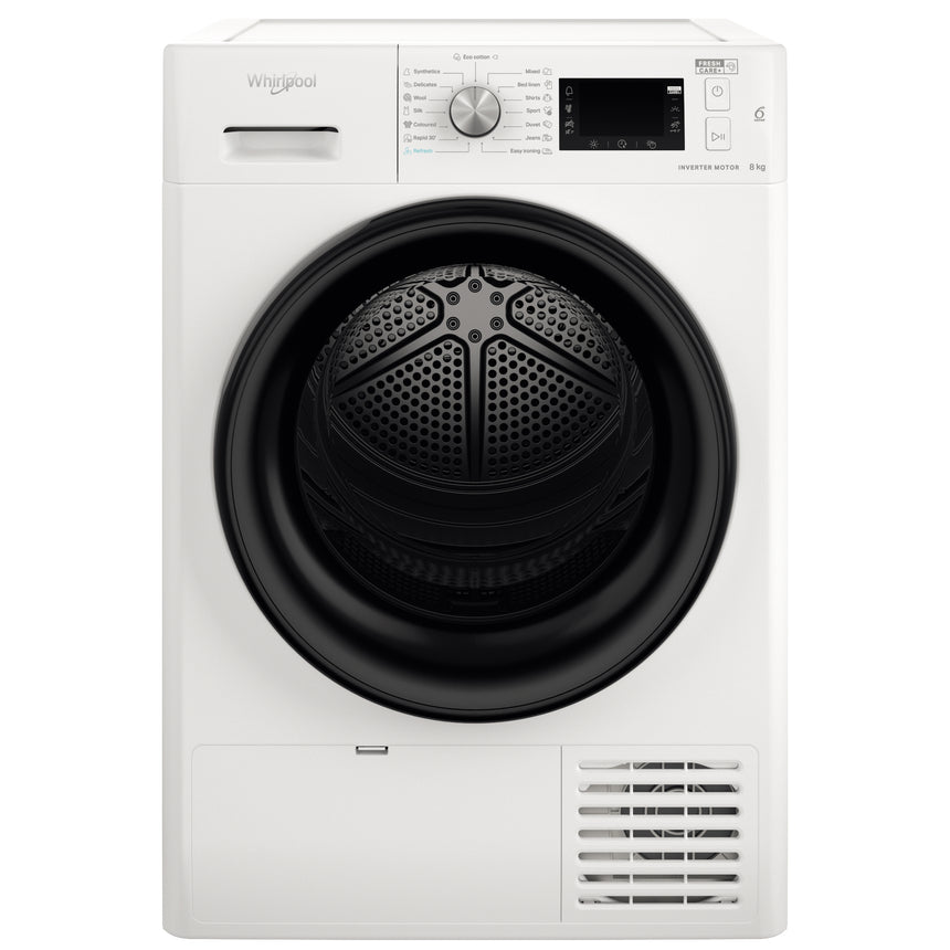 Uscator de rufe Whirlpool FFTM228X3BEE, Pompa de caldura, 8 kg, Clasa C, Motor Inverter, Freshcare+, Tehnologia al 6-lea Simt, Alb