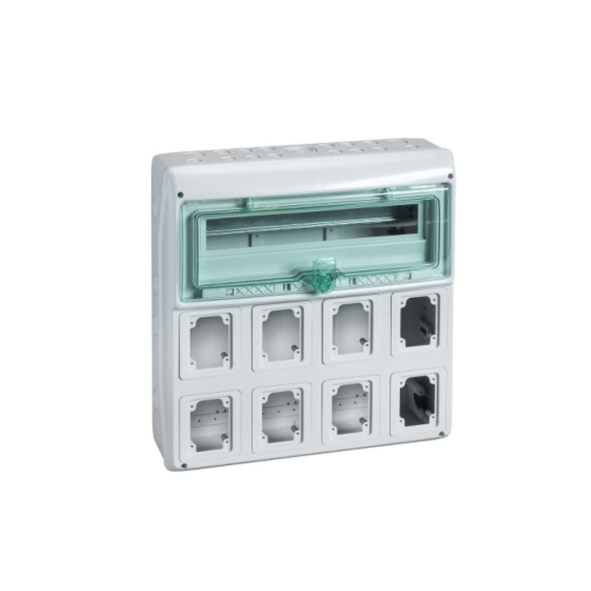 Tablou electric (cofret) Schneider Electric Kaedra 13182, 19 module, montaj aparent, cu 8 doze pentru prize/intrerupatoare, IP65
