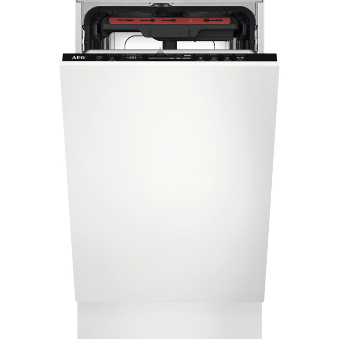 Masina de spalat vase incorporabila Slim AEG FSE73527P, 10 seturi, 7 programe, Clasa D, MaxiFlex, AirDry, QuickSelect, Motor inverter, SatelliteClean, Afisaj digital, Time Beam, 45 cm
