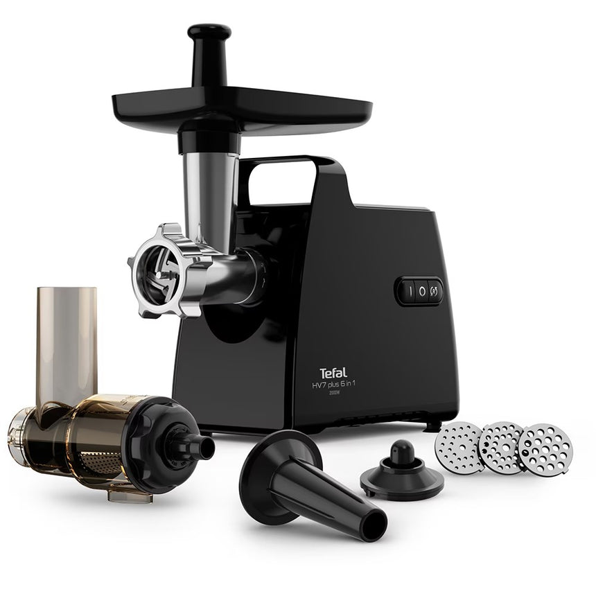 Masina de tocat carne Tefal HV7 Plus 6 in 1 NE553838, 2000 W, 2.8 kg/min, accesorii pentru kebbe, carnati, suc de rosii, 3 grile din inox, functie reverse, negru