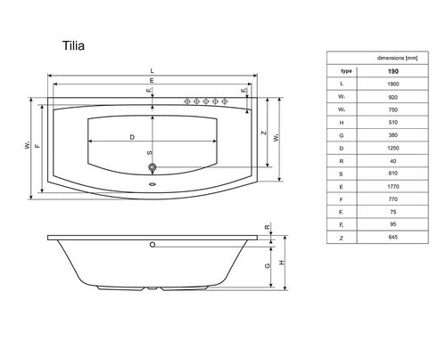 Cada de Baie Rectangulara Radaway Tilia,190x92x51 cm, Acril, WA1-03-190x090U, Alb