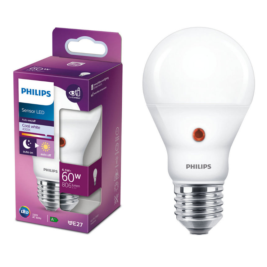 Bec LED cu senzor de lumina Philips, EyeComfort, A60, E27, 6.5W (60W), 806 lm, lumina alba rece (4000K), clasa energetica F