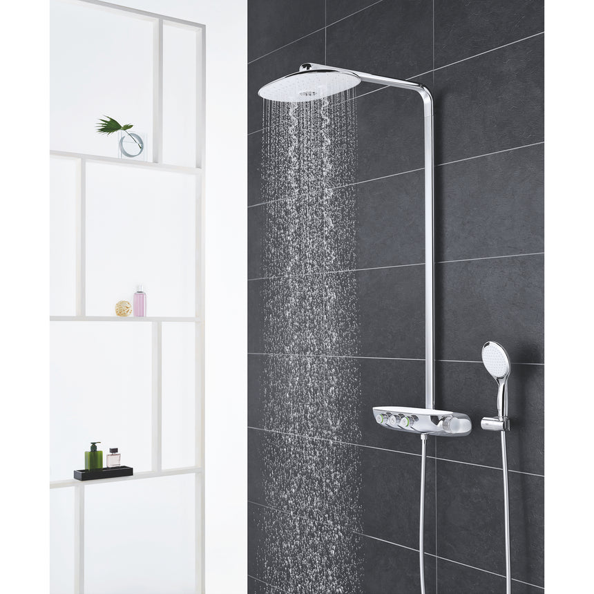 Sistem de dus cu termostat Grohe Rainshower Smartcontrol 360 Duo, aparent, dus fix 500 mm, suport perete, furtun 1750 mm, CoolTouch, SafeStop, butoane push-turn, anti-calcar, furtun anti-rasucire, crom/alb
