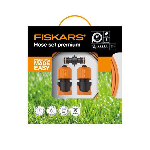 Furtun Fiskars Premium 1020447, 15 m lungime, 9mm (3/8") diametru, protectie UV + 2 conectori de debit