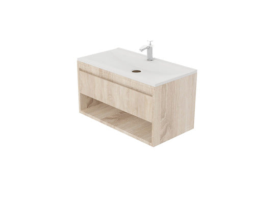 Set Mobilier Baie, Esma 85, Include Baza Lavoar si Lavoar Ceramic, 85 cm, Stejar Natur