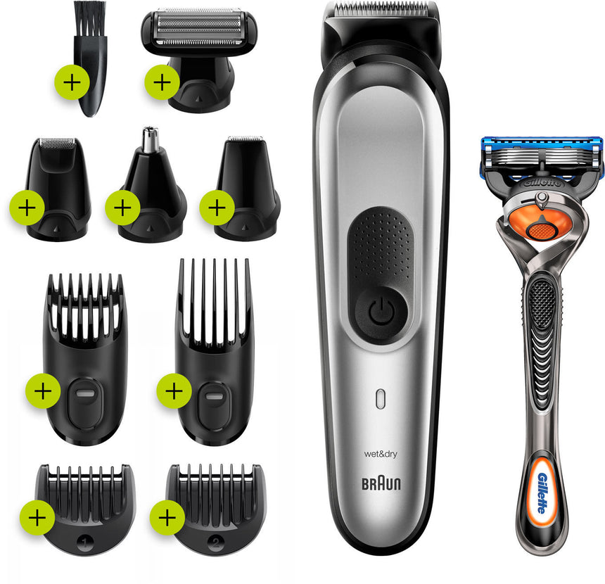 Trimmer 10 in 1 multifunctional pentru ingrijirea parului corporal, Braun MGK7220, 13 optiuni de reglare a lungimii, timp de functionare 100 de minute, gri