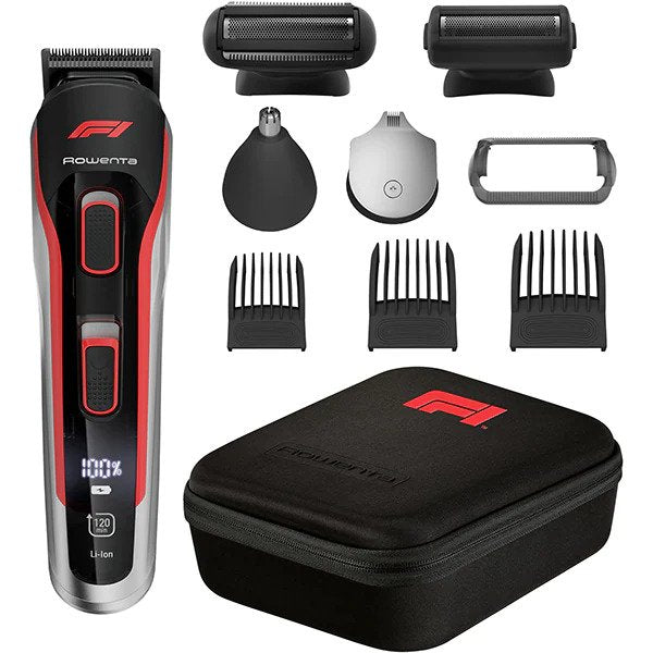 Aparat de tuns multifunctional Rowenta Formula 1® TN944MF0, 10 in 1, 32 lungimi taiere, lame inox, rosu