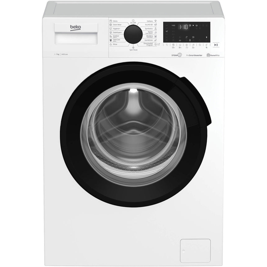 Masina de spalat rufe Beko WUE7726XWST, 7 kg, 1400 rpm, Clasa B, Motor ProSmart Inverter, HomeWhiz Bluetooth, SteamCure, Remote Control, AddXtra, Aquawave, Silent Tech, Alb