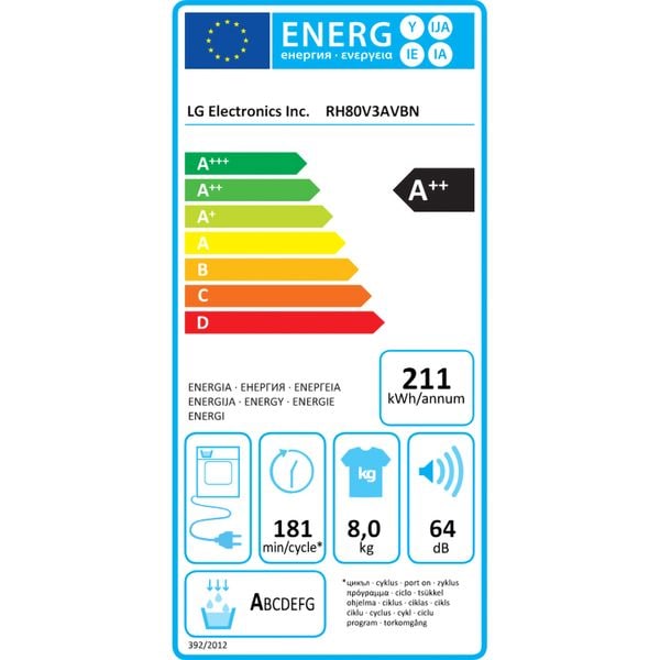 Uscator LG RH80V3AVBN 8 kg, uscator cu pompa de caldura, functie ThinQ™ WiFi, alb
