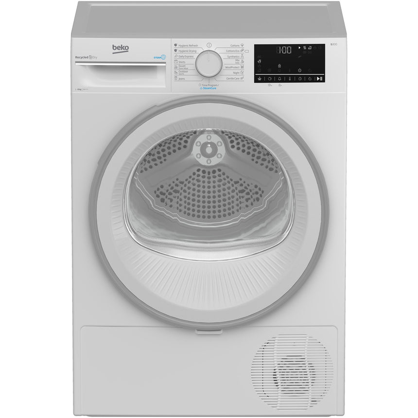 Uscator de rufe Beko B3T42242, Pompa de caldura, 8 kg, 15 programe, Clasa C, RecycledDry, Motor ProSmart™ Inverter, OptiSense, Aquawave®, Alb
