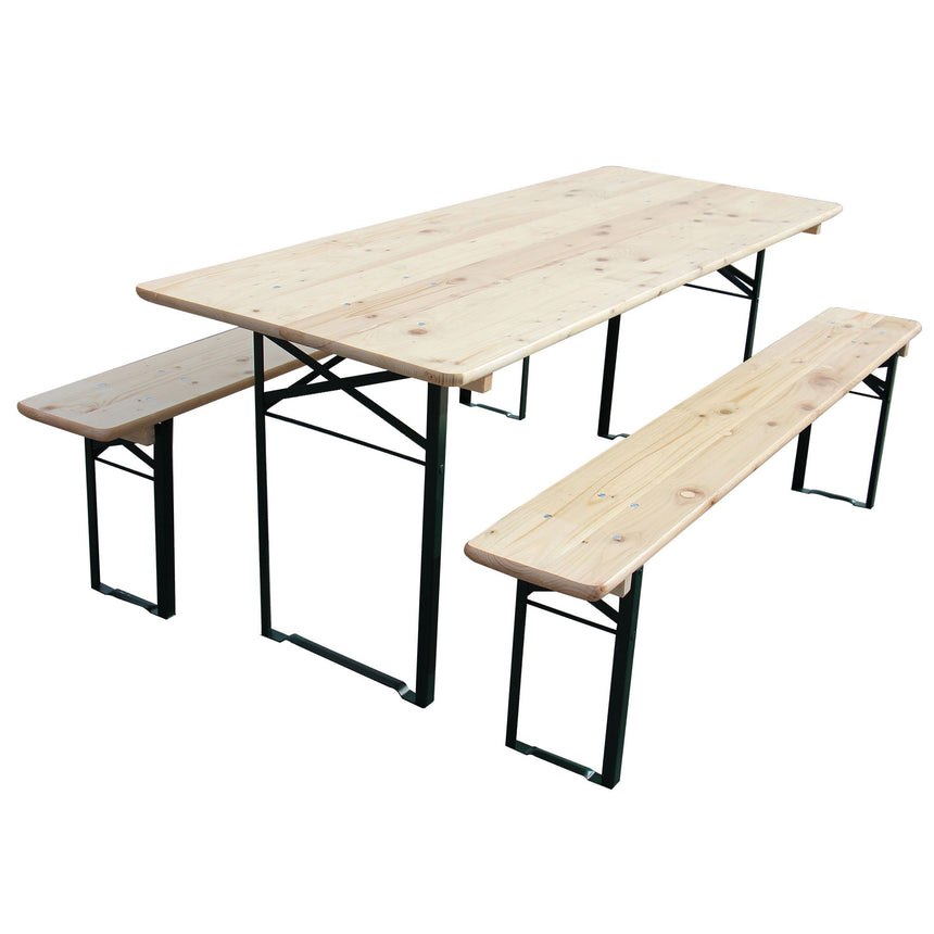 Set berarie STANDARD din lemn masiv de rasinos, 220x70 cm, pentru terasa sau gradina, o masa si doua banci, culoare natur