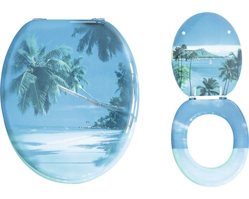 Capac WC ADOB Koh Samui, decor palmieri, din lemn, inchidere simpla, 43x37 cm