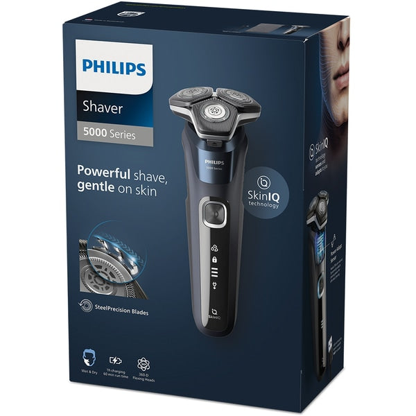 Aparat de barbierit PHILIPS Shaver Seria 5000 S5585/10, barbierit umed/uscat, tehnologie SkinIQ, fara fir, capete flexibile 360°, display LED, senzor Power Adapt, lame auto-ascutire, lama integrata, 60 min, Midnight Blue