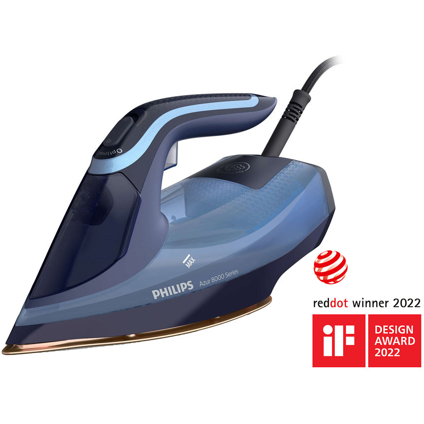 Fier de calcat Philips DST8020/20 Seria 8000, 3000W, talpa Steamglide Elite Rosecopper, OptimalTemp, Abur 55 g/min, jet de abur 240 g, capacitate rezervor 300ml, Detartrare Quick Calc Release, Oprire automata, Albastru