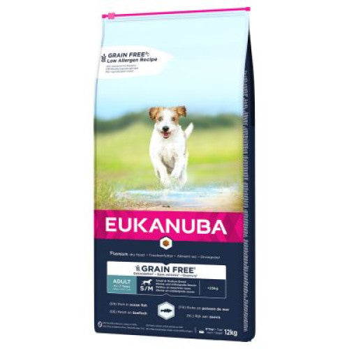 Hrana uscata pentru caini Eukanuba Grain Free Adult Small si Medium Breed cu peste oceanic,12 Kg