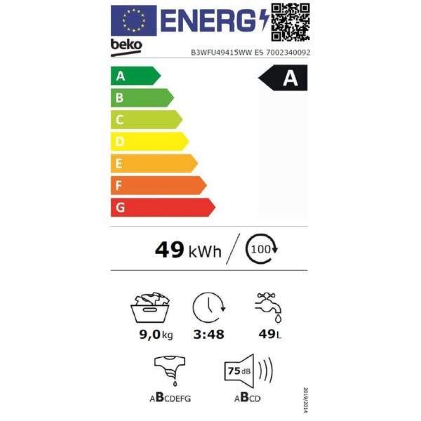 Masina de spalat rufe Slim Beko B3WFU49415WWES, 9 kg, 1400 RPM, Clasa A, IronFast, SteamCure, AddXtra, Motor ProSmart Inverter, SteamTherapy Alb