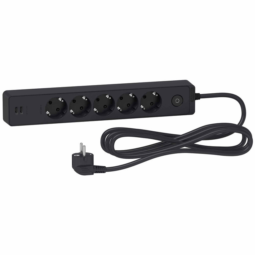 Prelungitor Schneider Unica ST945U3B, cu intrerupator, 2xUSB 5V 2.4A, 5 prize, protectie copii, 3m, Antracit