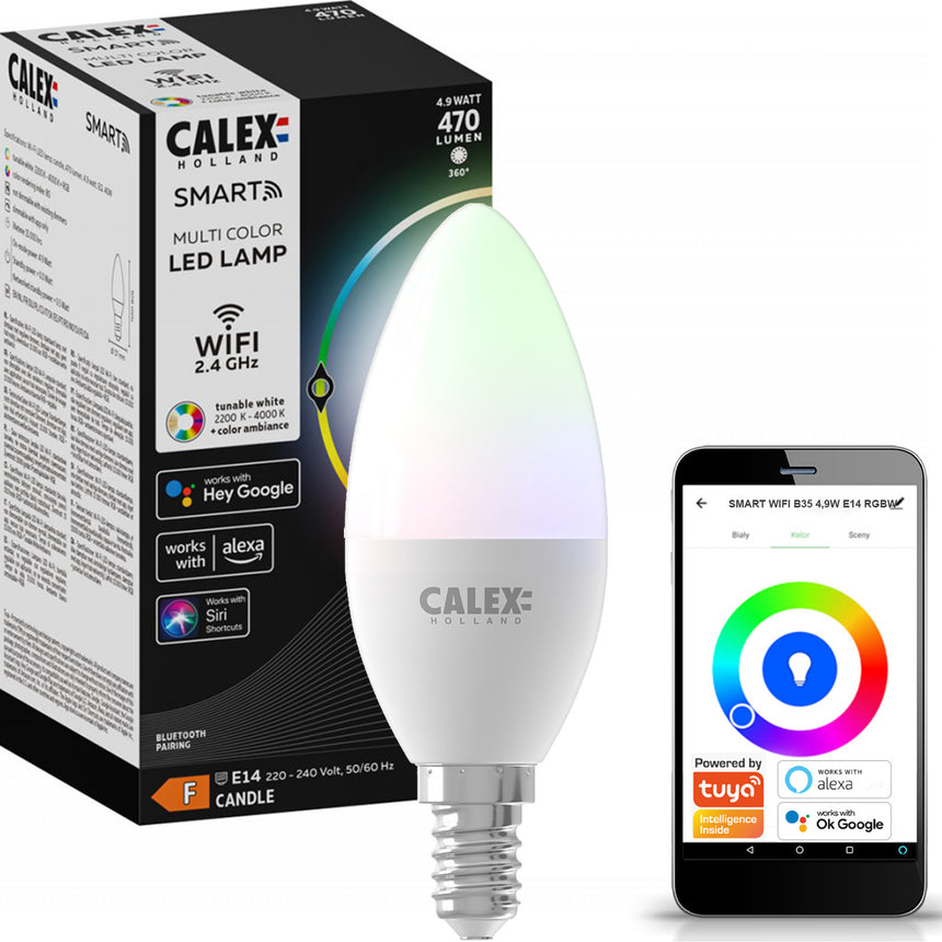 Bec LED RGB inteligent Calex, Wi-Fi, Bluetooth, B35, E14, 4.9W, 470 lm, lumina alba si colorata, compatibil Google Assistant si Alexa, Clasa energetica F