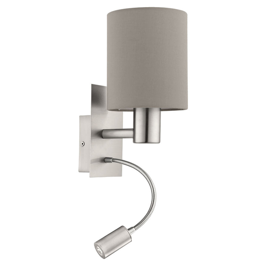Aplica Pasteri, EGLO, LED, 1x3.5W, 380 lm, lumina calda, E27, 1x40W, otel, nichel satinat, material textil, taupe, 38 x 19.5 x 15 cm, IP20
