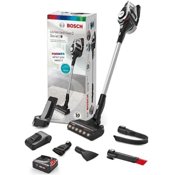 Aspirator fara fir, Bosch, 2 baterii 18 V / 4 Ah, Timp de functionare 65, Alb/Negru