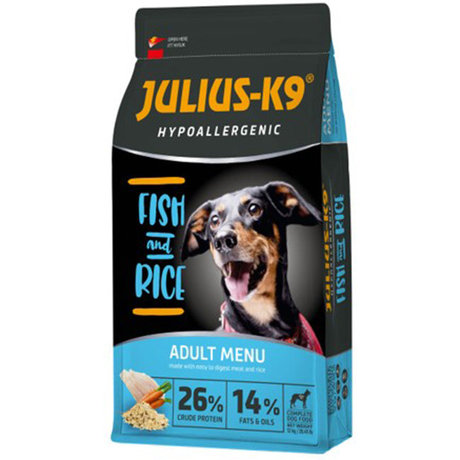 Hrana uscat pentru caini, Julius K9 Adult - Super-premium, hipoalergenica, Peste si Orez, 3kg
