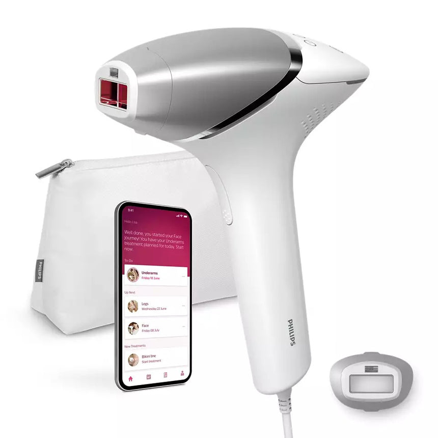 Epilator IPL Philips Lumea Seria 8000 BRI940/00, Senzor Smartskin, tehnologie SenseIQ, conectare la aplicatie, utilizare cu fir, 450.000 impusuri, accesoriu corp, Alb/Argintiu