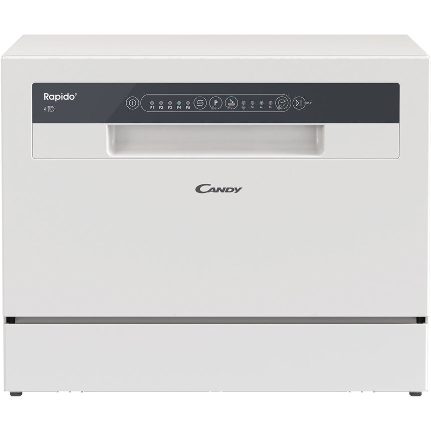 Masina de spalat vase compacta Candy Rapido CP 6E51LW, 6 seturi, 5 programe, Clasa E, Pornire intarziata, Program scurt 35', 55 cm, Alb