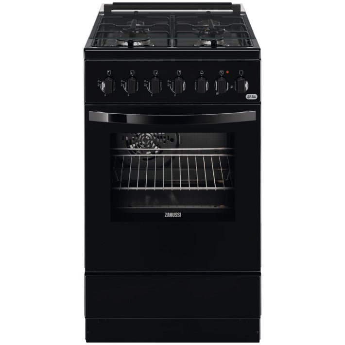Aragaz Zanussi ZCK57201BA, Mixt, 4 arzatoare, Grill, Cuptor electric, 6 functii, Aprindere electrica, 54 l, 50 cm, Negru