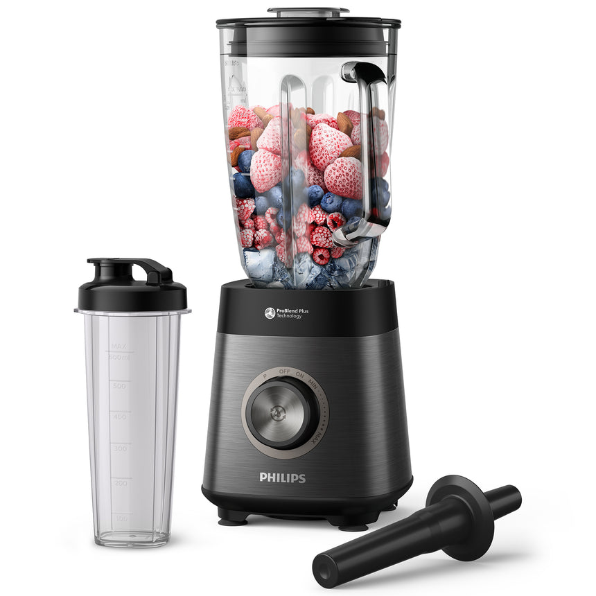 Blender Philips HR3041/00 Seria 5000, 1200 W, Lame noi ProBlend Plus, Vas din sticla cu nervuri, 3 viteze plus Impuls, Lame detasabile, capacitate 2 litri,Curaţare automatizata cu o singura atingere, Negru