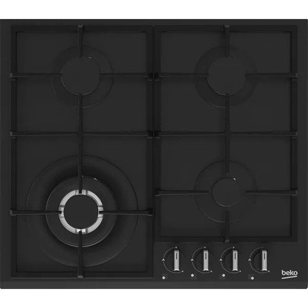 Plita incorporabila Beko HIYG64225SBO, Gaz, 4 arzatoare, Wok, Gratar din fonta, 60 cm, Negru