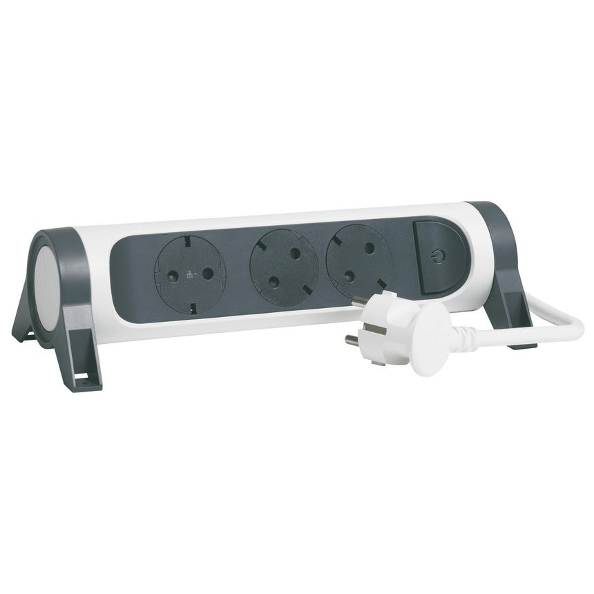 Prelungitor rotativ Legrand Revolution L694527, cu intrerupator iluminat, 3 prize, sectiune cablu 3x1.5mm, cordon 1.5m, Alb/Gri