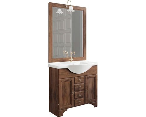 Set Mobilier Baie din Lemn, Michela 85, Include Baza Lavoar, Lavoar Ceramic si Oglinda cu Iluminare, Maro