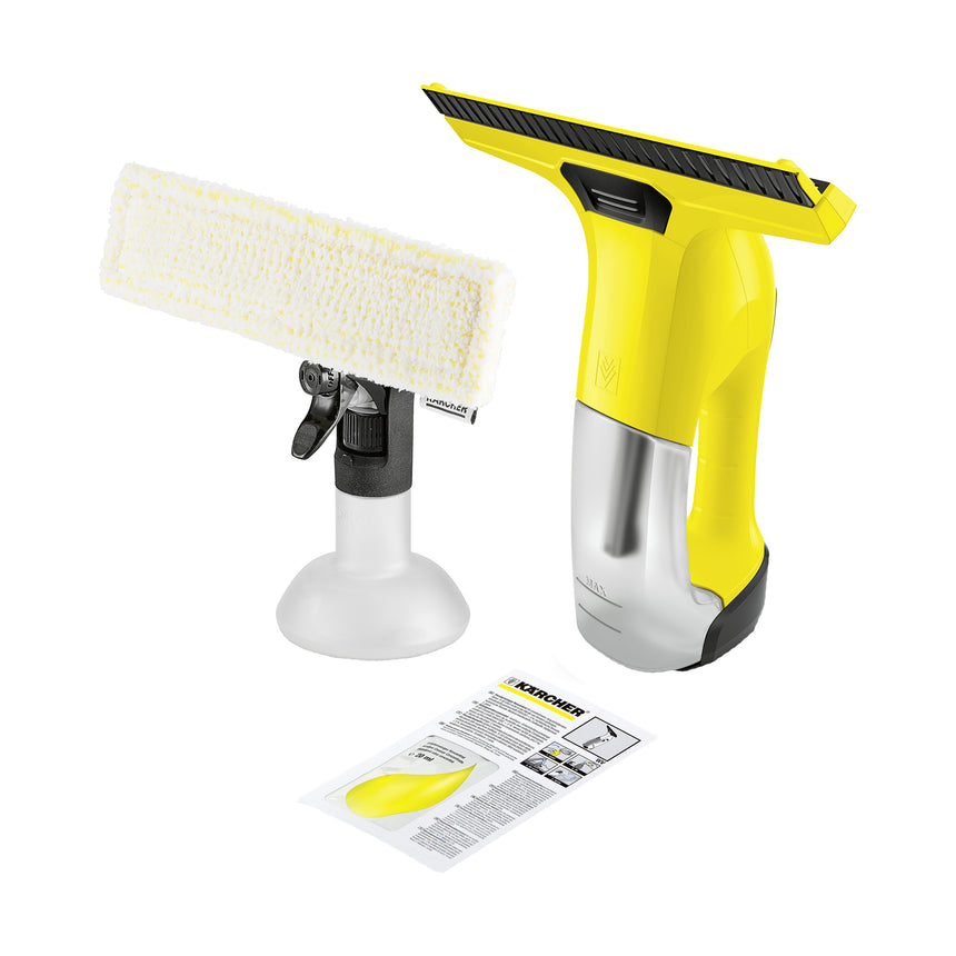 Aspirator de geamuri Karcher WV 6, Li-Ion, rezervor 0.15 L, sticla pulverizare cu laveta din microfibra, lichid curatare geamuri 20 ml, incarcator rapid, Galben