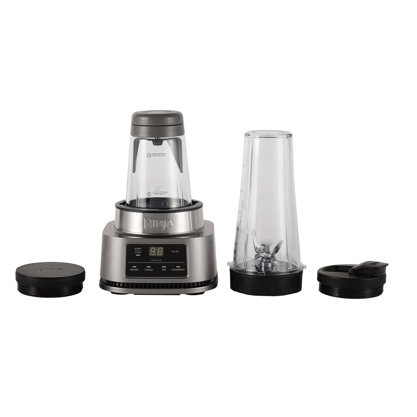 Blender 2in1 Ninja Foodi Power Nutri CB100, 1100W, 0.7L/0.4L, 4 programe Auto-IQ, tehnologie Smart Torque, 2 setari manuale, functie zdrobire gheata, 1 recipient To Go, 2 recipiente Tritan cu capace, lame Hybrid Edge, design compact, negru/inox