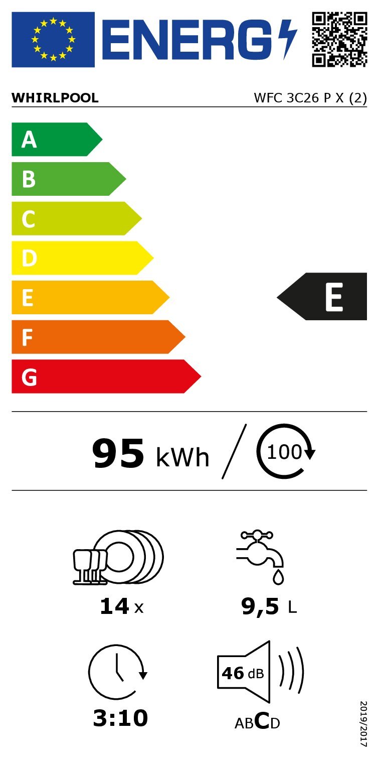 Masina de spalat vase, Whirlpool, WIC 3C26 F, 60cm, 14 locuri, 8 programe, program senzor al 6-lea simt, consum de apa 9,5 l, clasa energetica E, alb