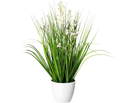 Planta Artificiala Amestec Iarba Cu Flori In Ghiveci H 46 Cm Alb