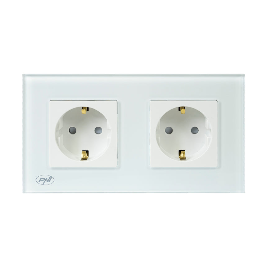 Priza dubla incastrabila PNI WP202W, cu rama din sticla, 16A, 2X3000W, 230V, Alb
