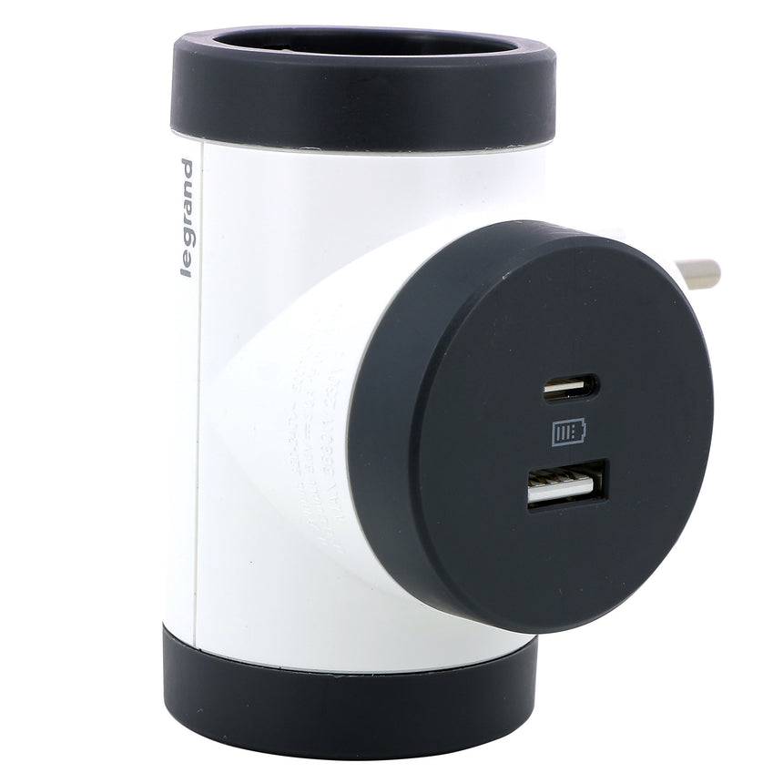 Adaptor rotativ pentru priza Legrand Revolution L694522, USB tip A si C, 3A-5V 15W, 2 prize, 16A, Alb/Gri inchis