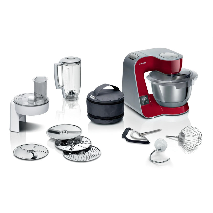Robot de bucatarie Bosch MUM5X720, cu cantar integrat, 1000 W, Bol otel inoxidabil 3.9 l, blender 1.25 l, 7 viteze+impulse, mixare planetara 3D, rosu