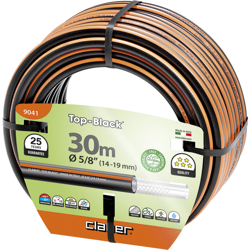 Furtun pentru gradina Claber Top Black 9039, 5/8 diametru, 14-19 mm, 30 m lungime,presiune 12 bar,tratament anti alge,rezistenta UV
