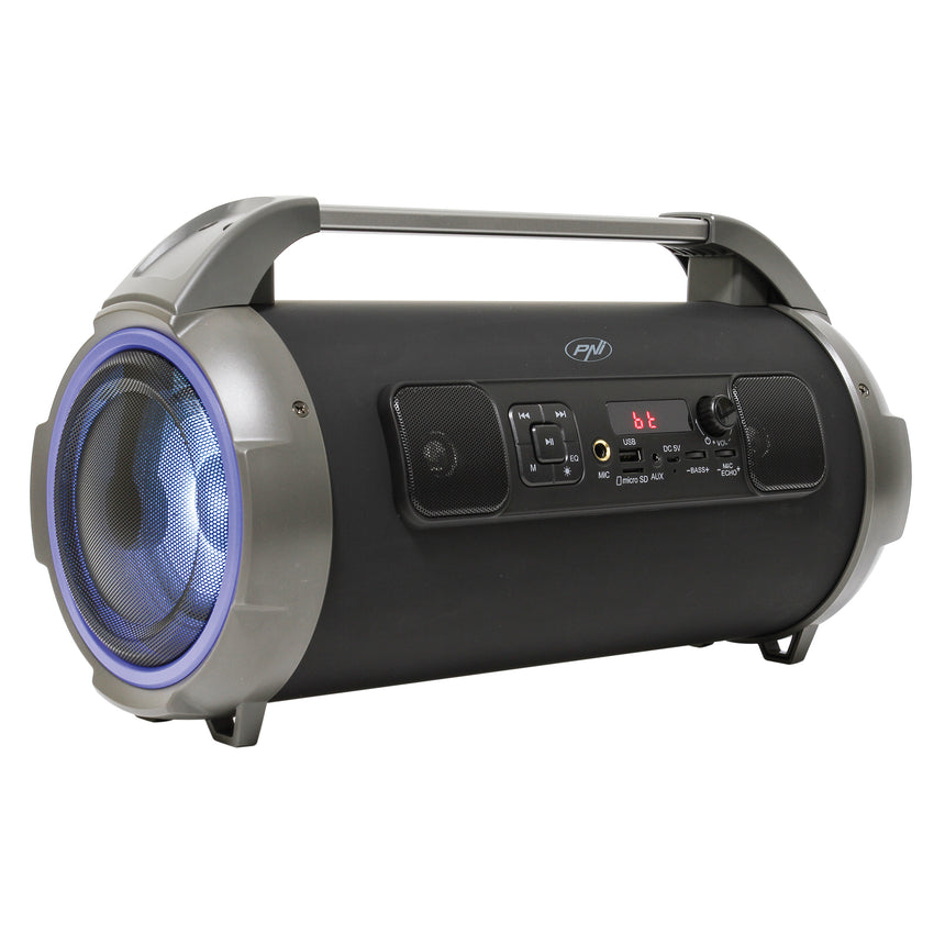 Boxa portabila PNI BoomBox BT240 stereo, 24W, cu Bluetooth, USB, slot card micro SD, radio FM, aux-in 3.5mm, functie karaoke, microfon cu fir, baterie reincarcabila, lumini led RGB, cablu USB si adaptor alimentare inclus