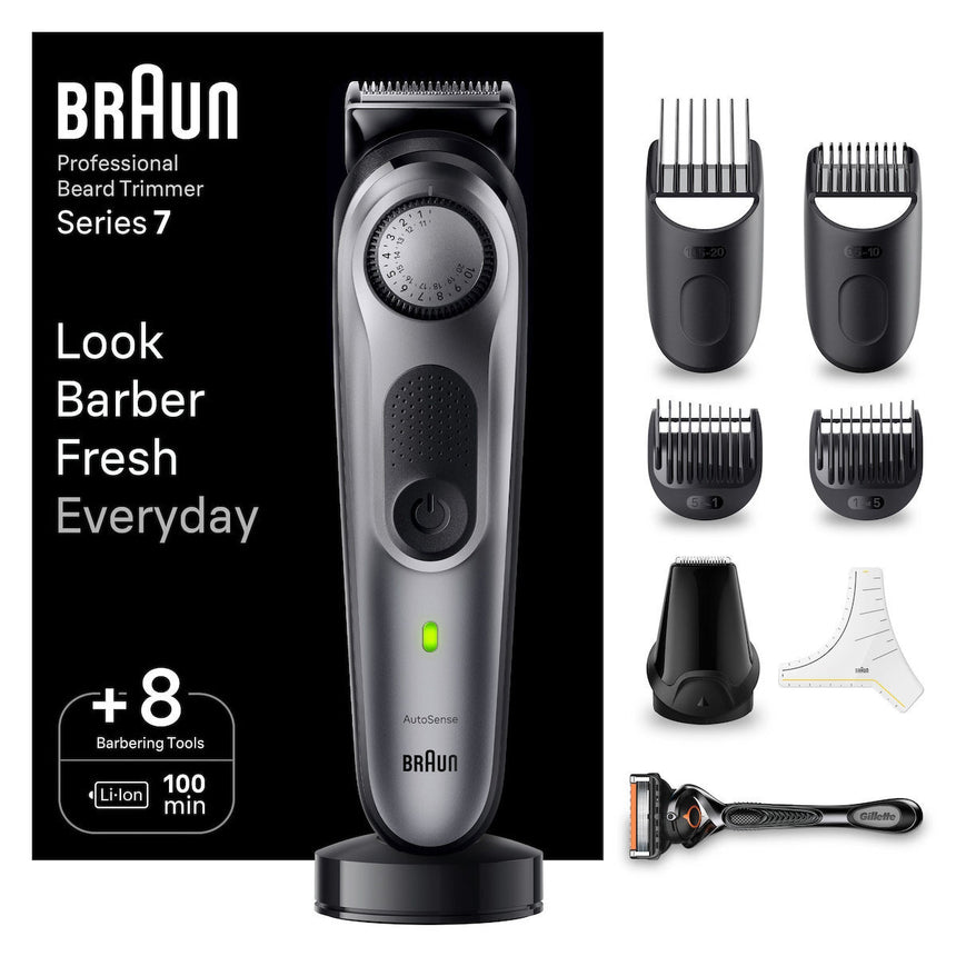 Aparat de tuns barba, Braun, Otel, Autonomie 100 min, Negru/Gri
