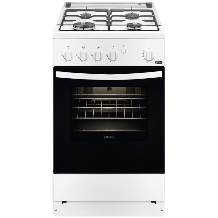 Aragaz Zanussi ZCG510Q1WA, Gaz, 4 arzatoare, Aprindere electrica plita + cuptor, Siguranta plita/cuptor, 50 cm, Alb