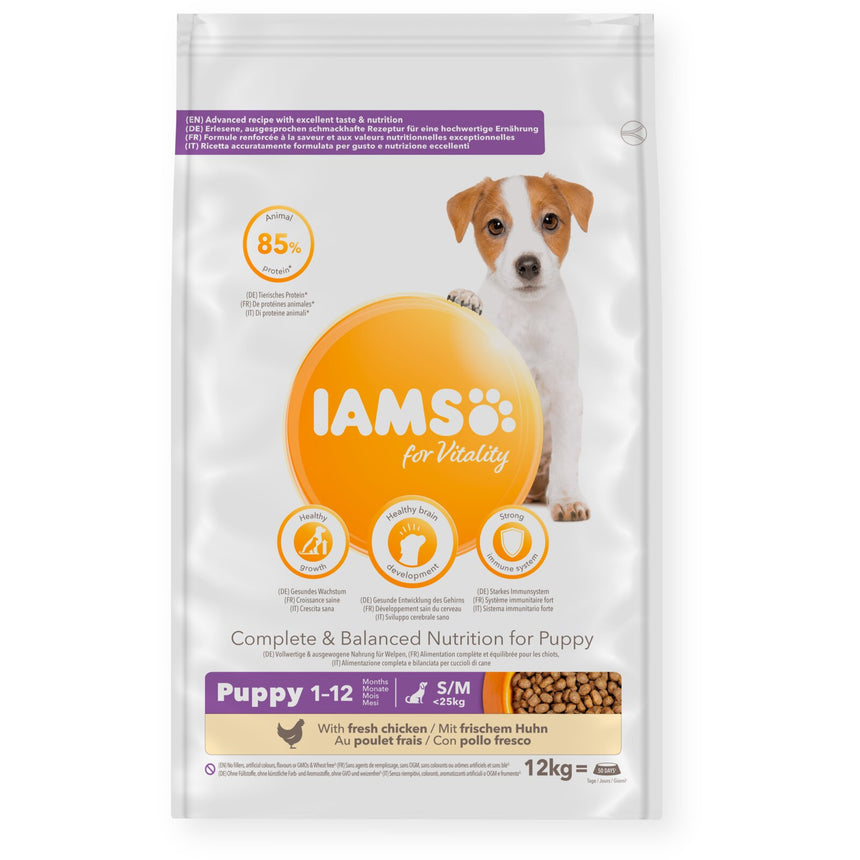 Hrana uscata pentru caini IAMS junior talie mica si medie, cu pui 12 kg