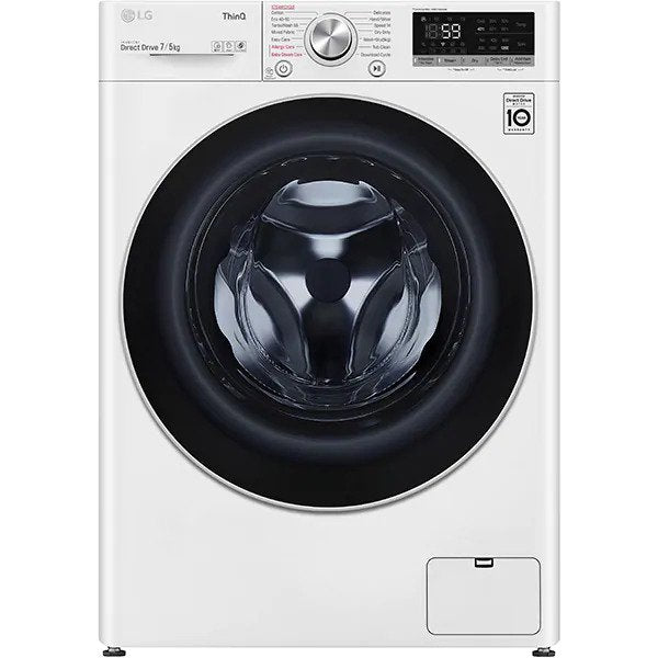 Masina de spalat cu uscator cu incarcare frontala, LG F2DV5S7S1E De sine statator, 7 kg de spalare, 5 kg de uscare, Clasa energetica E, 1200 rpm, TurboWash360°, AI DD, Wifi, Alb